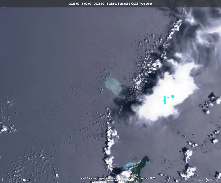 ruby volcano eruption plume seen on september 15 2023 via sentinel-3 satellite