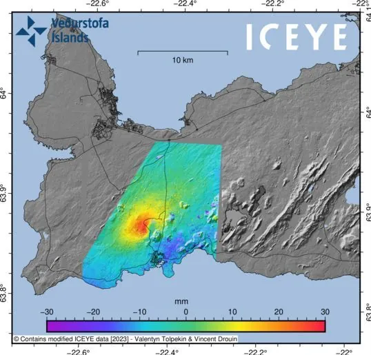LOS deformation october 26 - 28 2023 reykjanes peninsula iceland ICEYE
