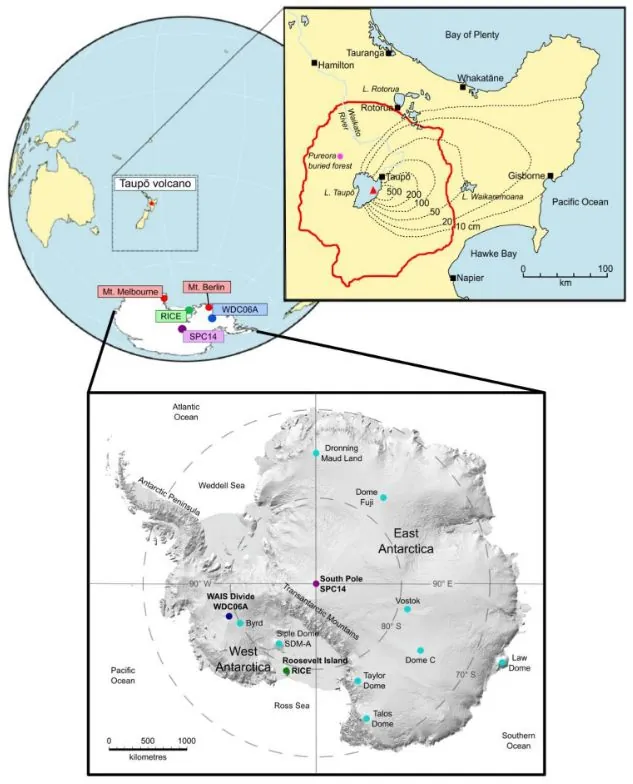 Location of the RICE, WDC06A, SPC14 ice cores, and Mt. Berlin and Mt. Melbourne volcanoes in Antarctica relative to the location of Taupo volcano, New Zealand