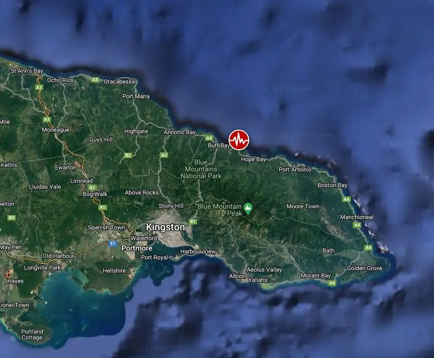 m5.4 earthquake jamaica october 30 2023 location map close