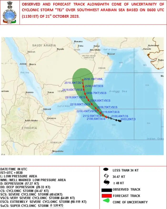 tropical cyclone tej imd fcst track with cone 06z october 21 2023