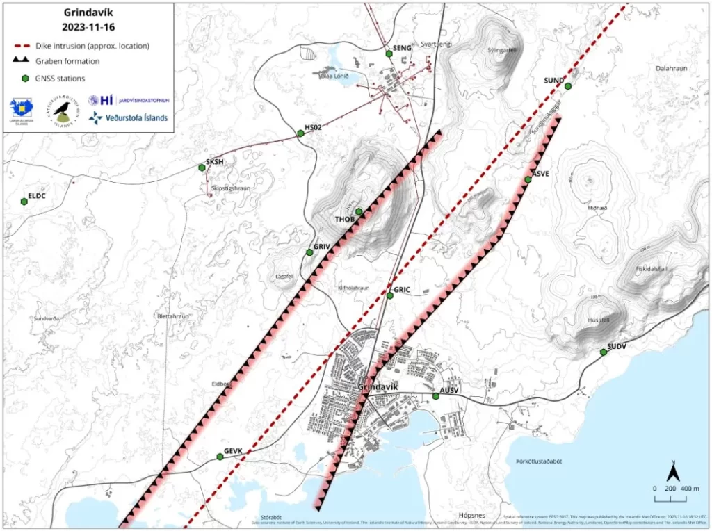 A map showing the extent of the subsidence over the magma instrusion in and around Grindavík