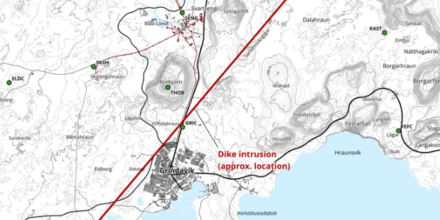 High risk of eruption near Grindavík: 15-km long magma intrusion detected northwest of town, Iceland