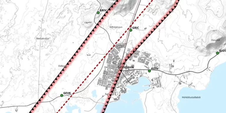 Map showing the extent of the subsidence over the magma instrusion in and around Grindaví