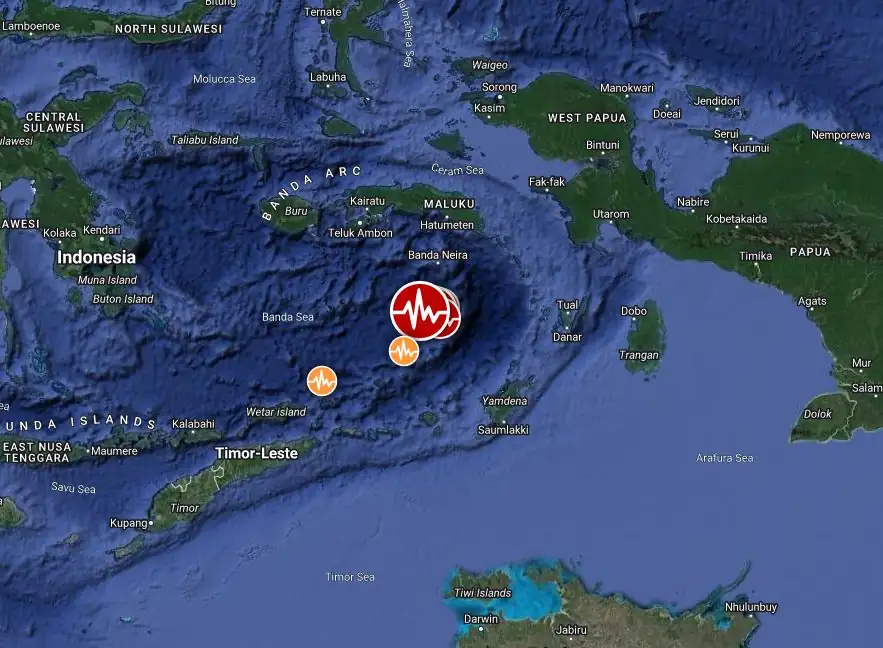 banda sea m7.1 and m6.9 earthquakes november 8 2023 location map closeup