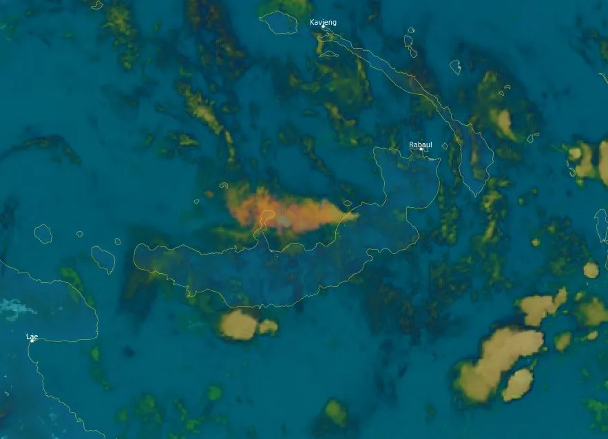 satellite image of so2 plume from ulawun volcano at 1200 utc on november 20 2023 himawari-9