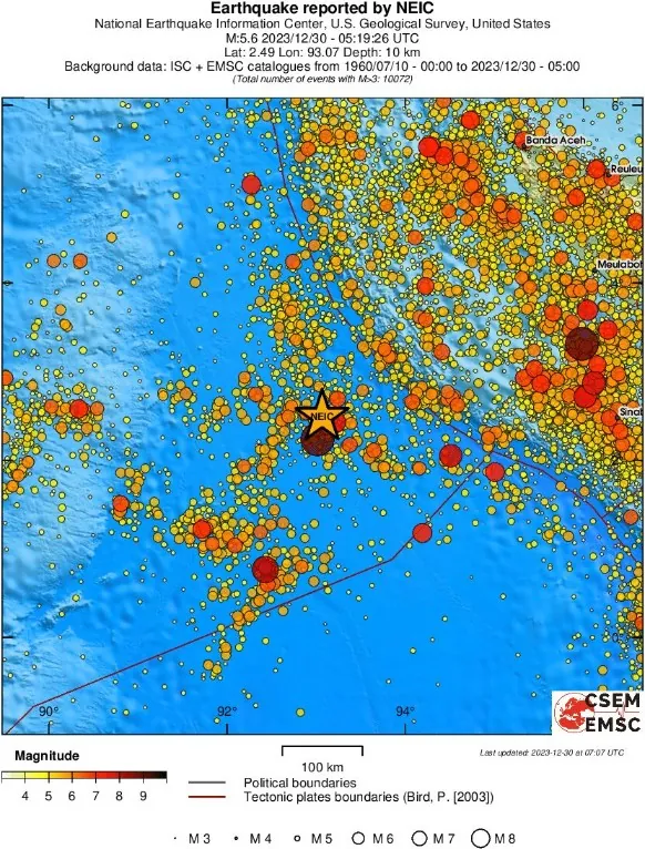 m6.3 (5.9 - 6.6) earthquake off the coast of northern Sumatra Indonesia December 30 2023 emsc regional seismicity