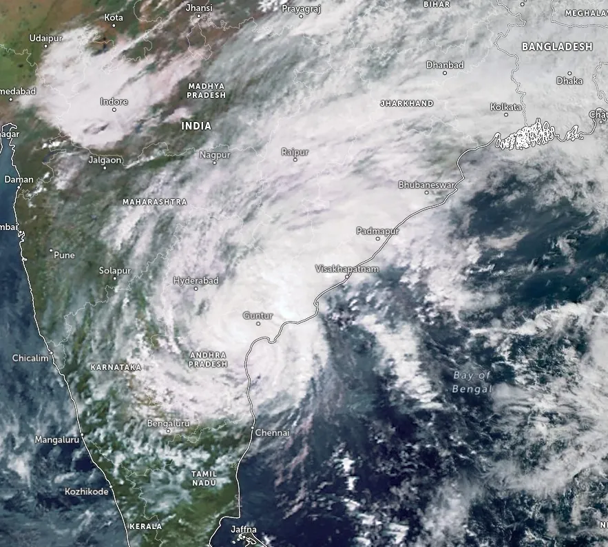satellite image of tropical cyclone michaung at 0800 utc on december 5 2023 as it was making landfall in andhra pradesh bg
