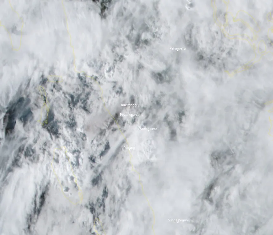 satellite image of volcanic ash plume rising above marapi volcano at 0850 utc on december 3 2023