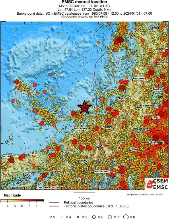 M7.4 earthquake honshu japan janauary 1 2024 emsc rs