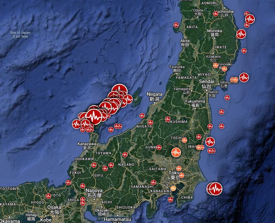 japan earthquakes 30 days to january 9 2024 data source jma