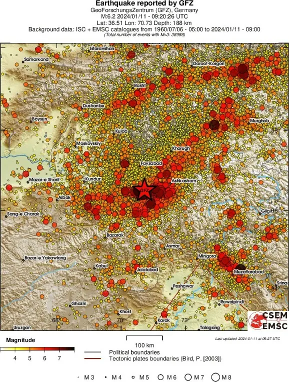 m6.4 earthquake hindu kush afghanistan janaury 11 2024 emsc regional seismicity