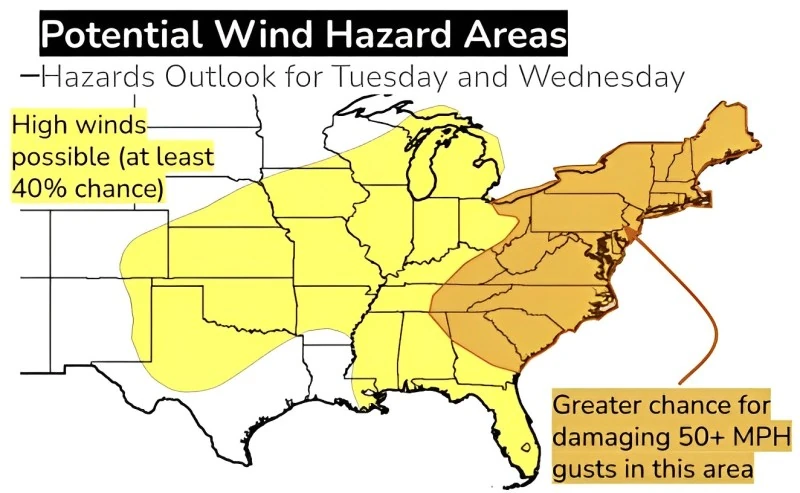 potential wind hazard areas january 9 and 10 2024 sh