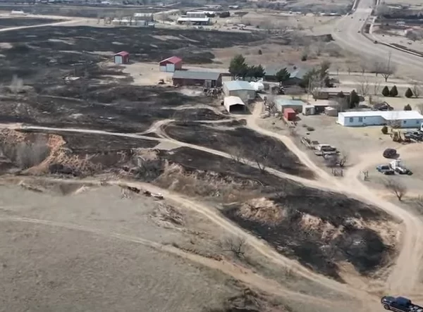 Aerial view of destruction from wildfire in Fritch, Texas