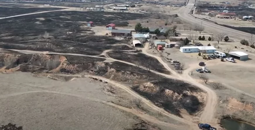 Aerial view of destruction from wildfire in Fritch, Texas