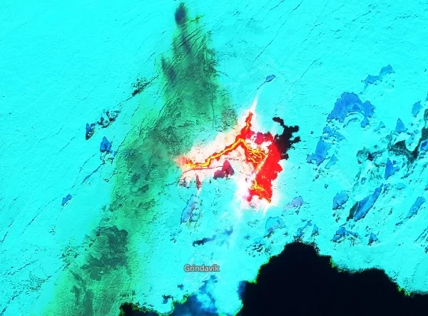 eruption reykjanes peninsula iceland sentinel-2 satellite image on february 8 2024 - f swir