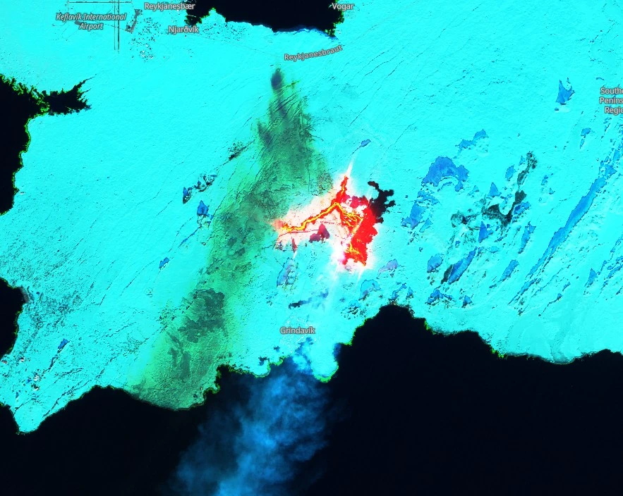 eruption reykjanes peninsula iceland sentinel-2 satellite image on february 8 2024 swir