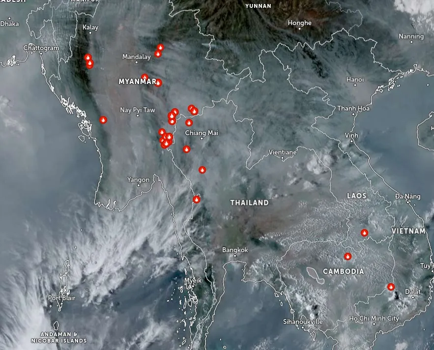 Raging wildfires scorch 40 000 ha (98 800 acres) of land in northwestern Thailand march 5 2024