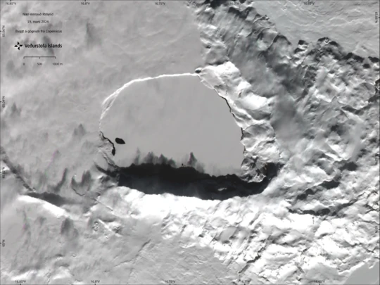 Satellite image from March 19, 2024 showing winter conditions at Askja. Ice free area on the western part of the lake are close to a well known geothermal area