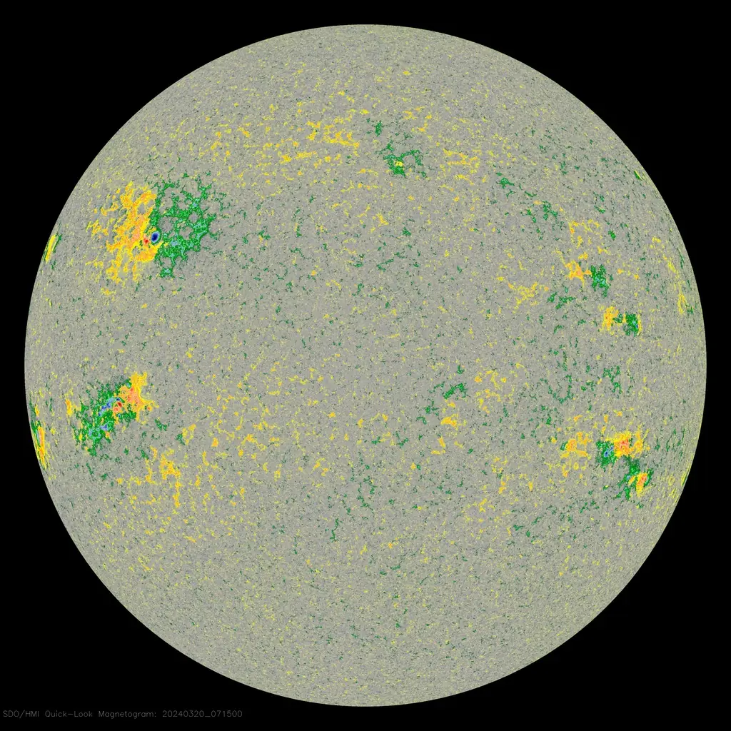 sunspots on March 20 2024 HMI colorized magnetogram