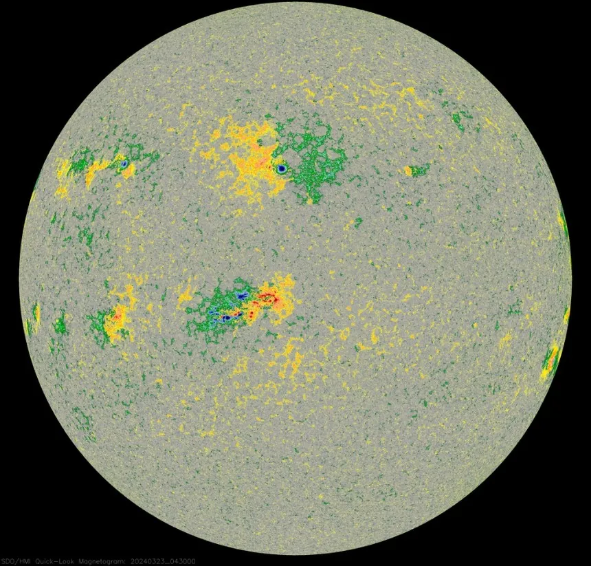 sunspots on march 23 2024 sdo hmi colorized magnetogram