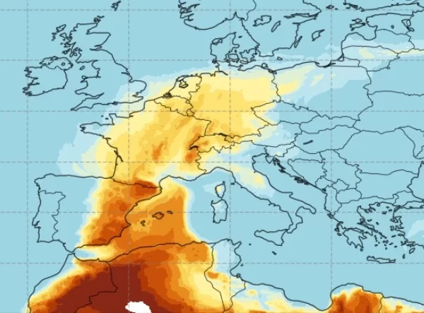 Exceptionally intense Saharan dust episode over Europe degrading air quality, suggesting changes in atmospheric circulation patterns