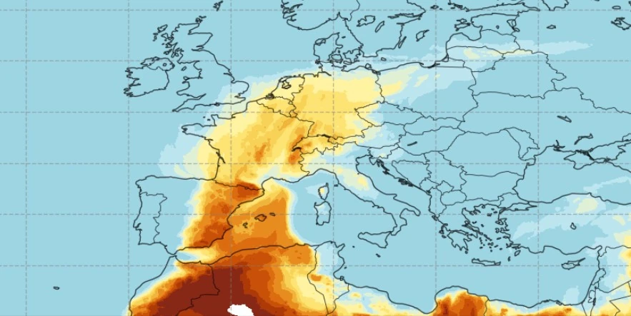 Exceptionally intense Saharan dust episode over Europe degrading air quality, suggesting changes in atmospheric circulation patterns