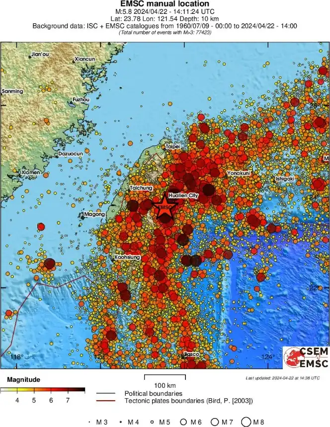 hualien taiwan m5.8 earthquake april 22 2024 emsc regional seismicity