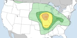 Enhanced Risk of Severe Weather (level 3/5) for portions of southern Iowa, northeastern Missouri, and far western Illinois