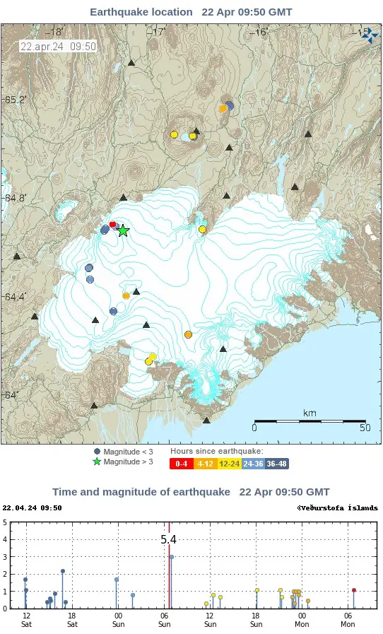 vatnajokull earthquakes 48 hours to 0950 utc on april 22 2024