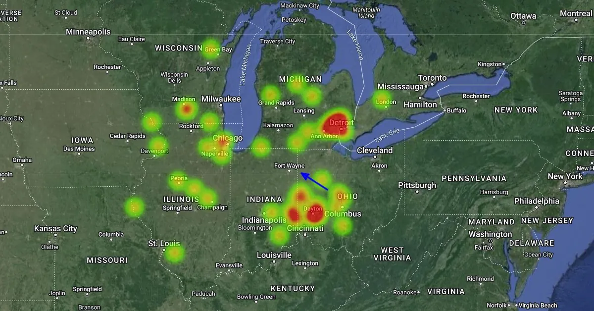 bright meteor over great lakes region may 4 2024 heatmap