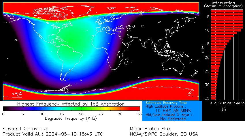 ionosphere - global d region absorption prediction at 1543 utc on may 10 2024