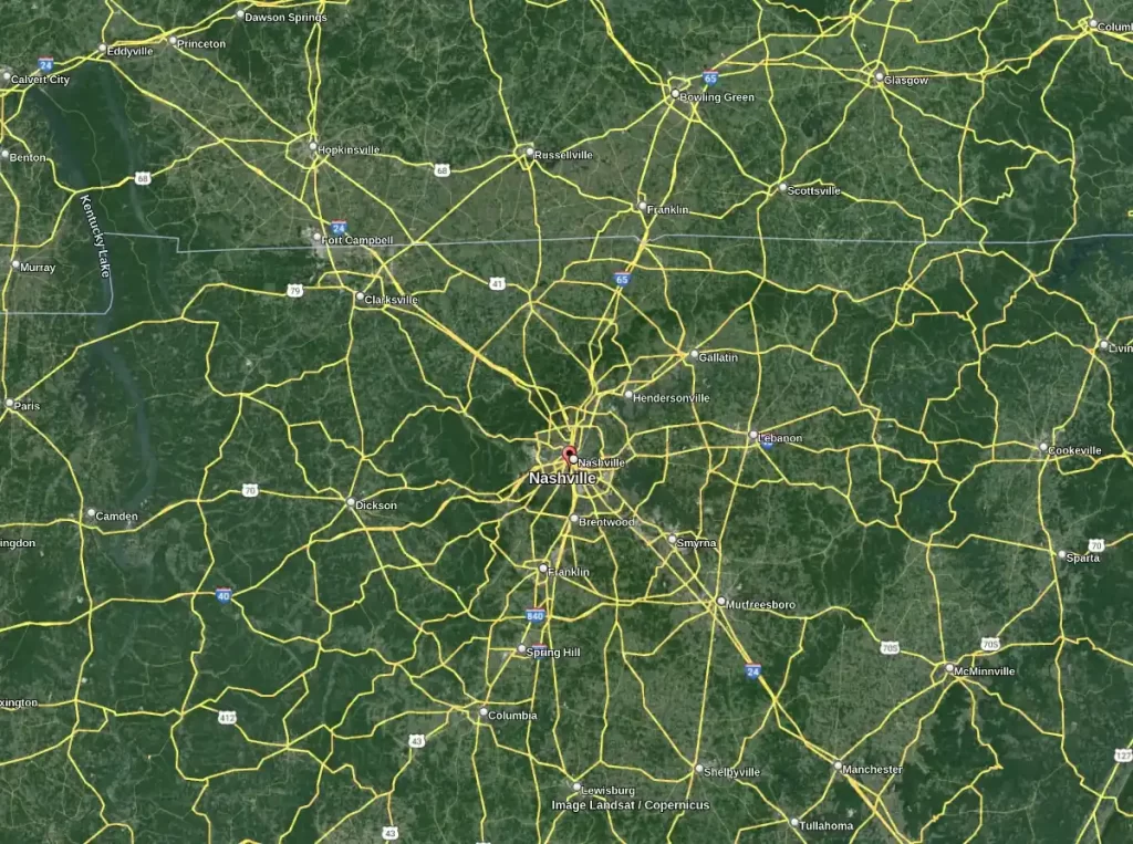 satellite image centered over nashville tn with roads
