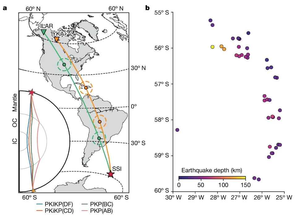 Ray paths of PKIKP and PKP from the SSI source region to the two arrays (ILAR and YKA)
