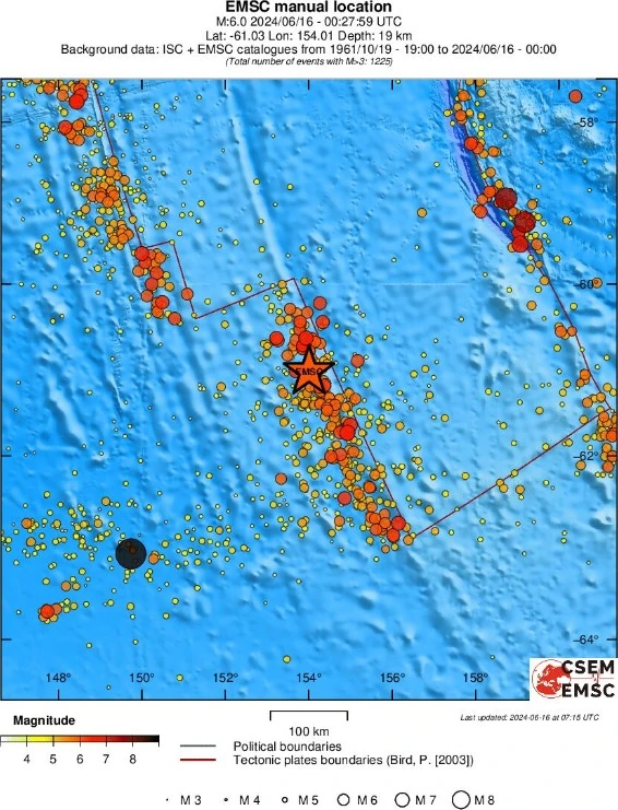 macquarie island m6.0 earthquake location june 16 2024