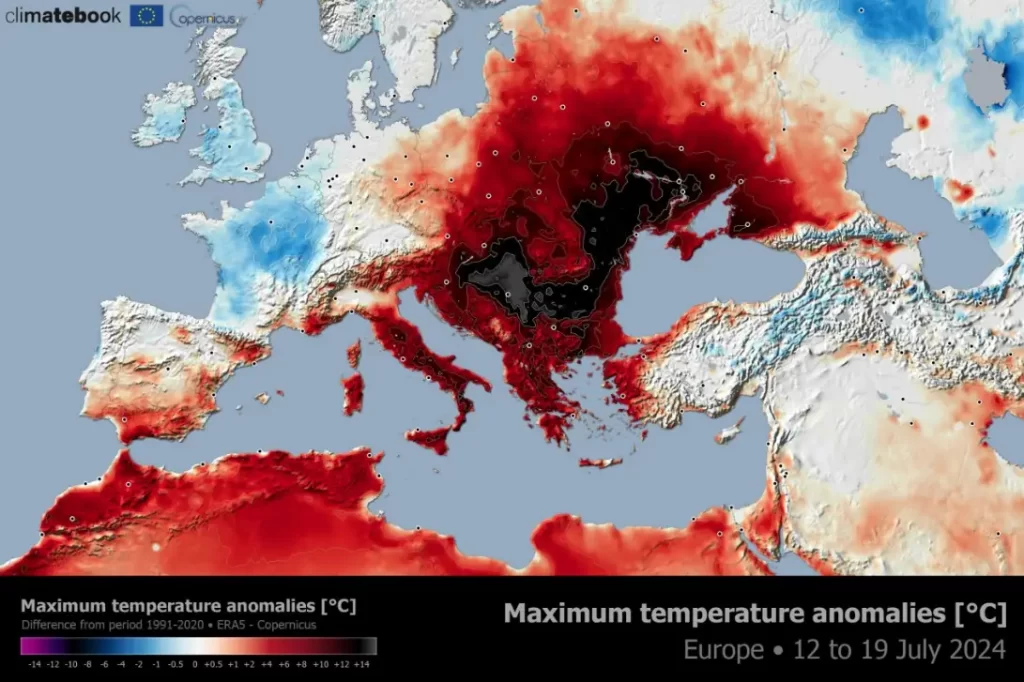 maximum temperature anomalies se europe july 12 to 19 2024