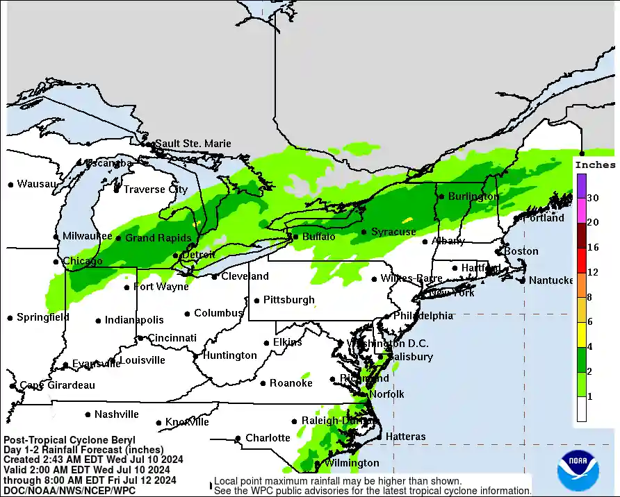 post tropical cyclone beryl rainfall forecast july 10 - 12 2024