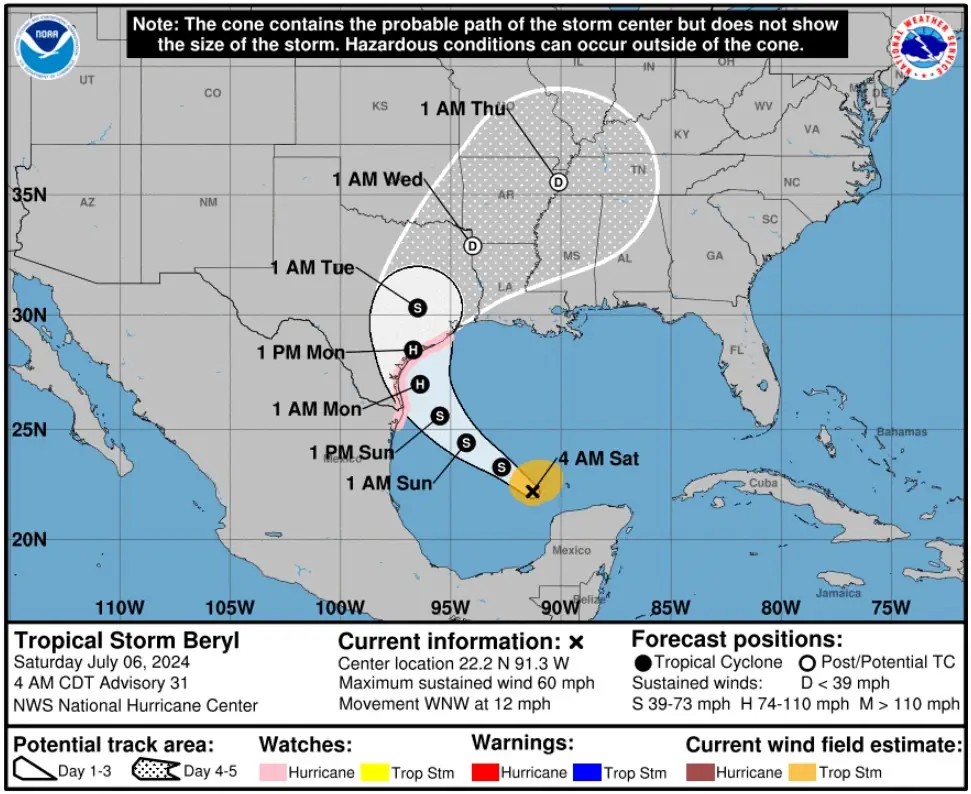 ts beryl nhc forecast track 06z july 6 2024