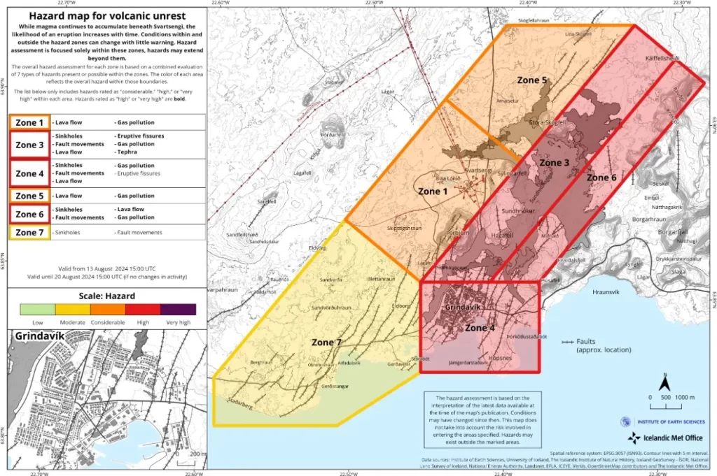 hazard map reykjanes peninsula iceland august 13 2024