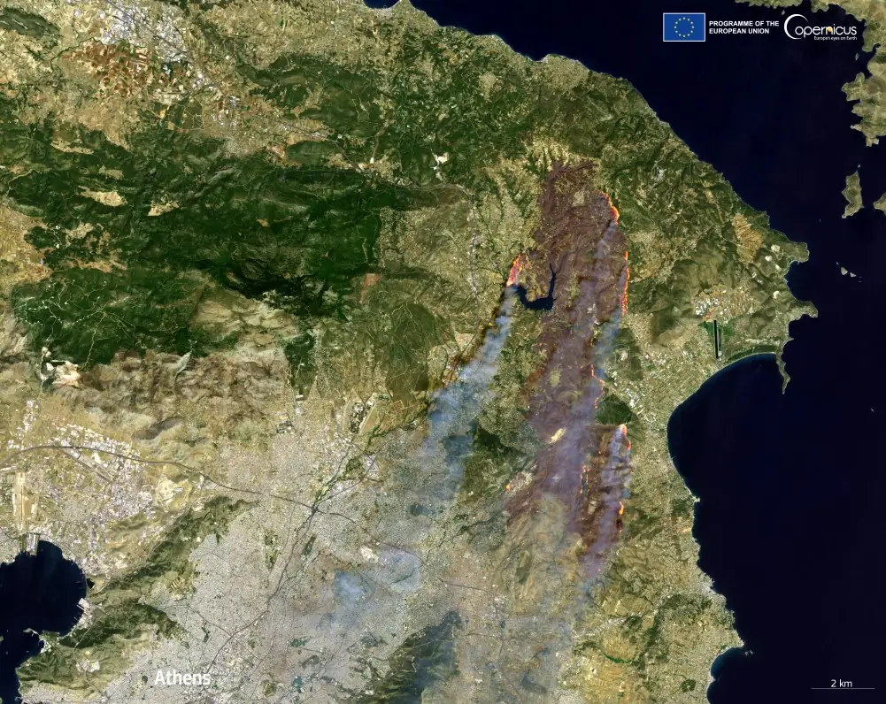 satellite image of wildfire near athens greece acquired on august 12 2024