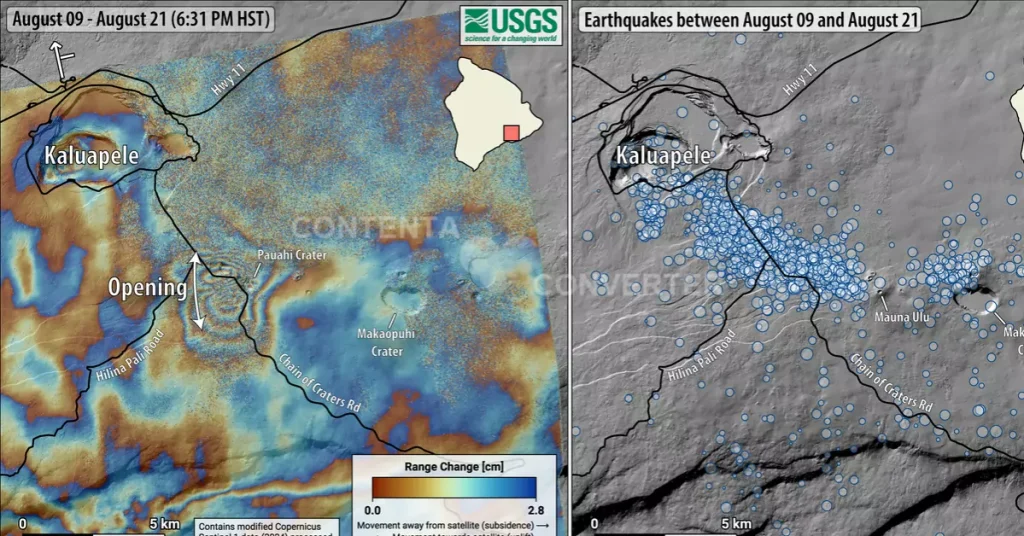August 22, 2024—InSAR image of ground deformation and map of seismicity for Kīlauea upper East Rift Zone intrusion. Image credit: USGS/JVO