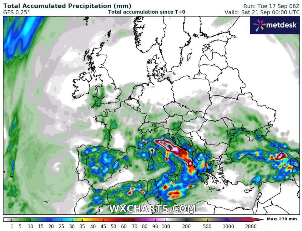 europe total accumulated precipitation gfs september 18 - 21 2024