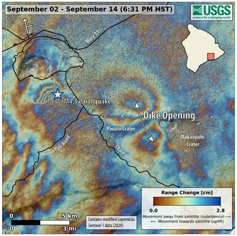september 2 - 14 2024 insar image of kilauea intrusion