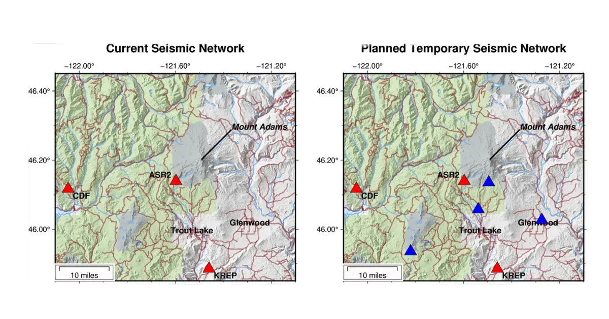 Maps of the currents and proposed seismic network station locations at Mount Adams.