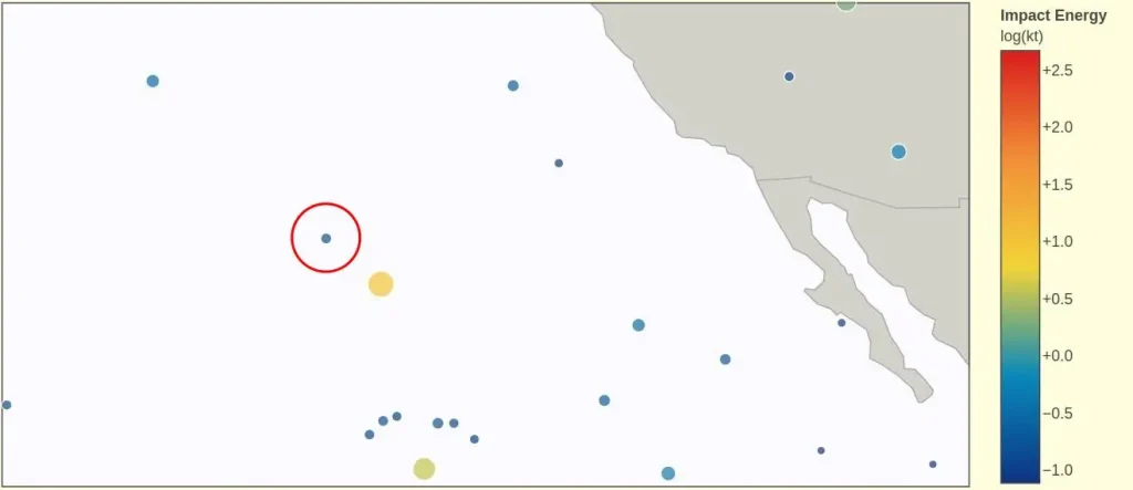 location of asteroid A11dc6D impacting Earth over eastern Pacific Ocean on october 22 2024