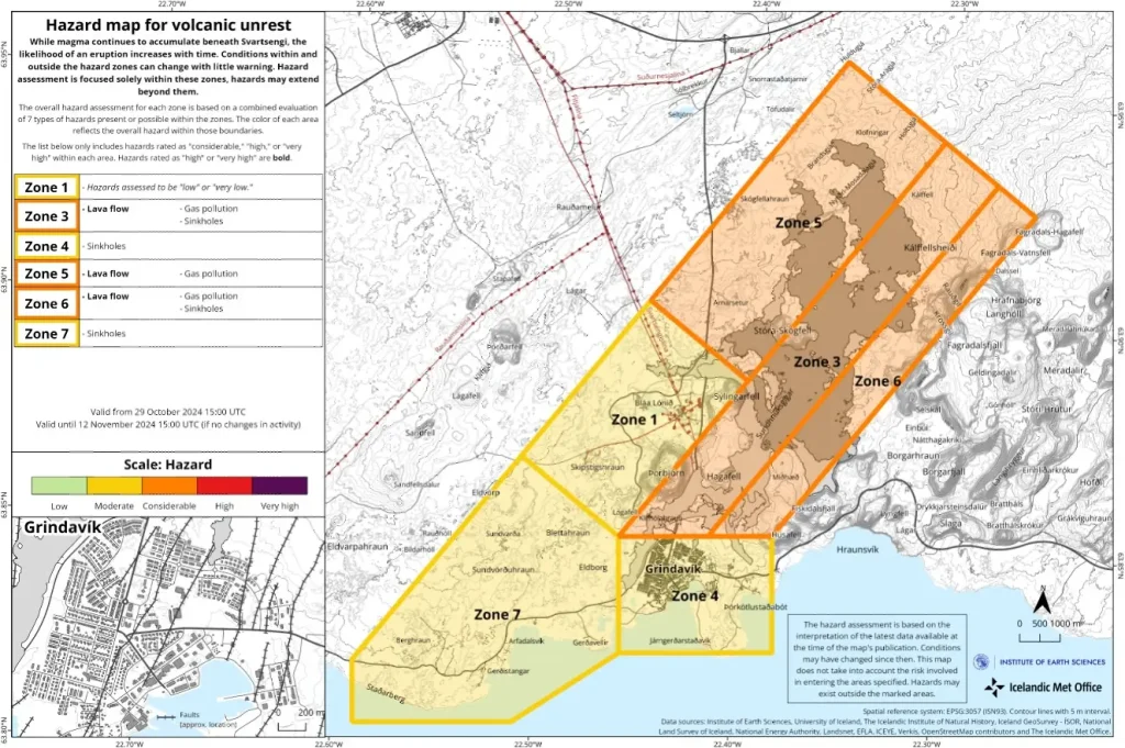 reykjanes peninsula hazard map for volcanic unrest october 29 2024