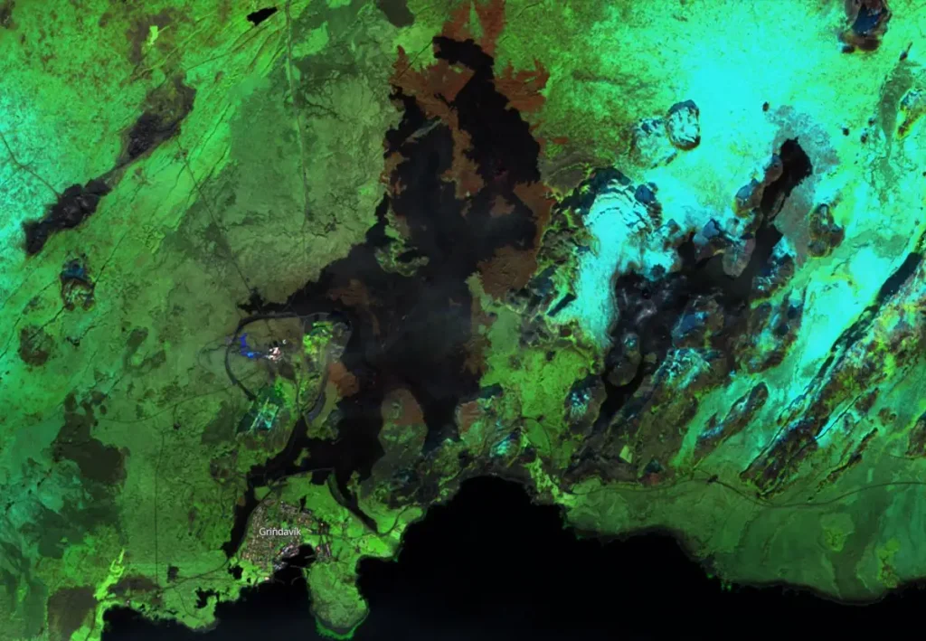 satellite image of reykjanes peninsula grindavik iceland october 13 2024 SWIR bg