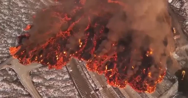Blue Lagoon parking lot under lava in latest eruption on Reykjanes Peninsula, Iceland november 21 2024