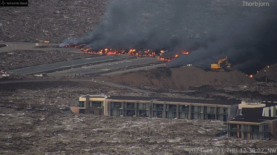 Reykjanes Peninsula, Iceland molten lava approaches infrastructure on November 21, 2024