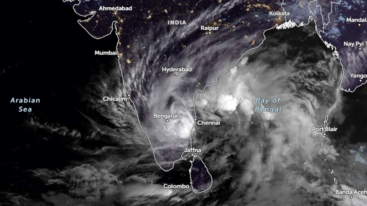 Satellite image of Cyclonic Storm Fengal making landfall.